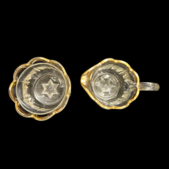 Vintage EAPG Clear Glass Sugar Creamer Set Gold Trim Scalloped Rim Star Base - Picture 3 of 3